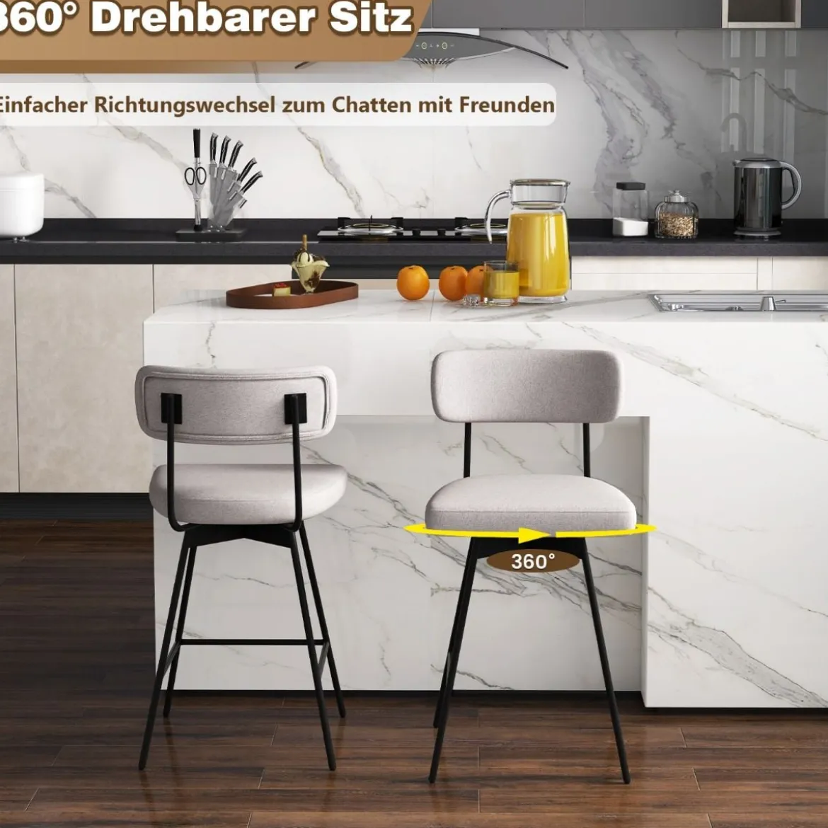 2er Set Barhocker drehbar Barstuhl gepolstert mit Rückenlehne & Fußstütze Grau/Beige