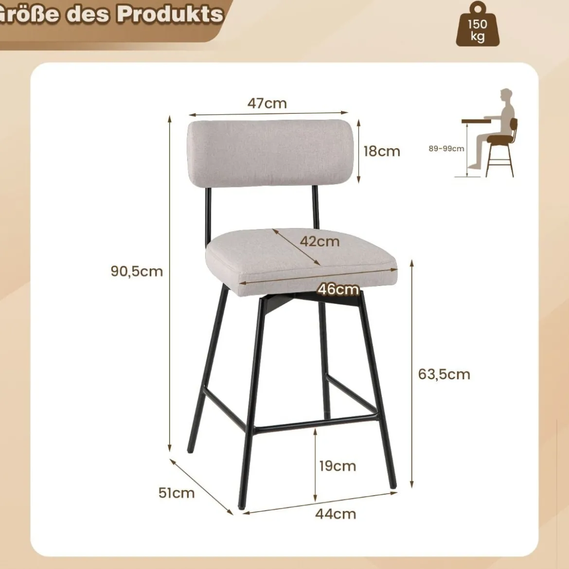 2er Set Barhocker drehbar Barstuhl gepolstert mit Rückenlehne & Fußstütze Grau/Beige