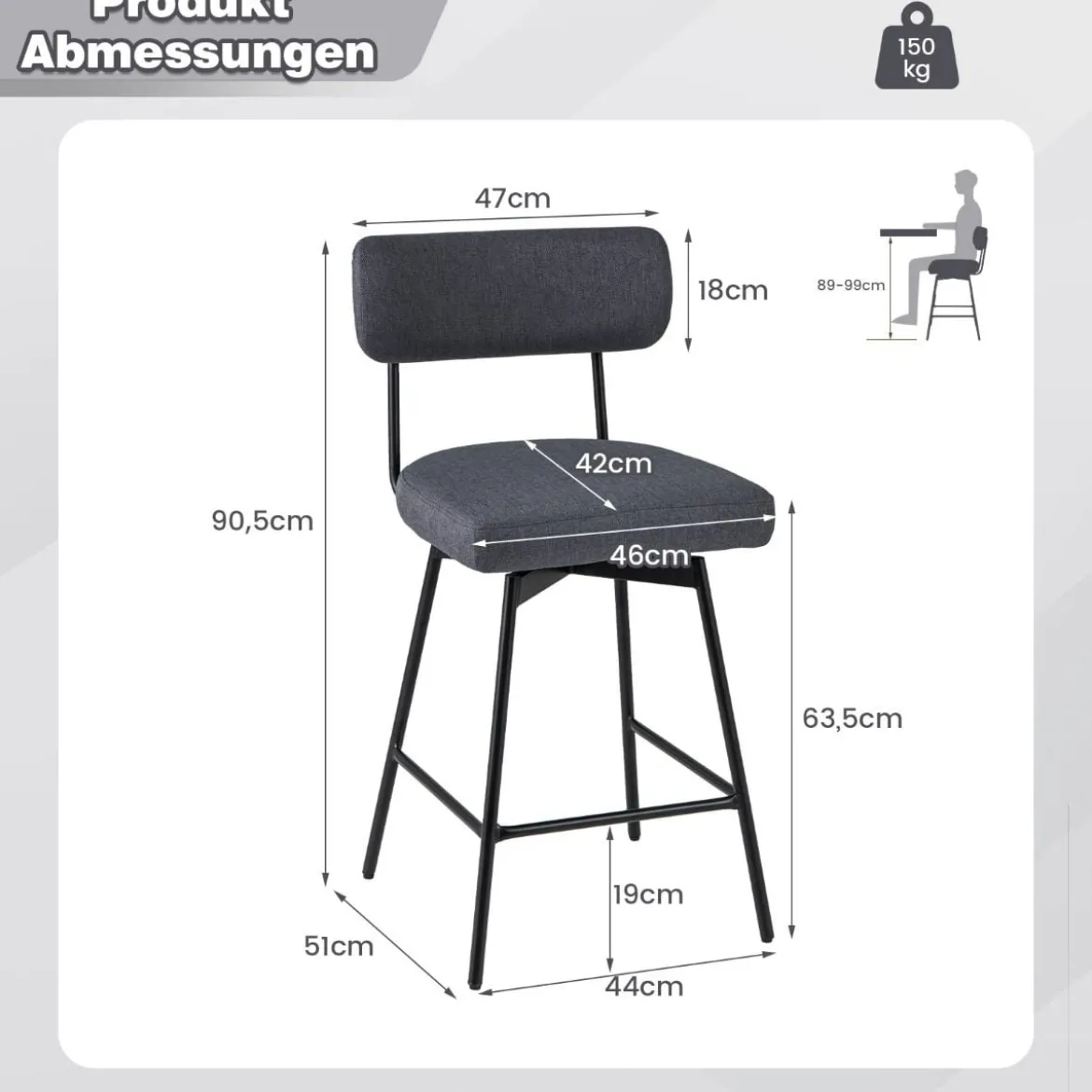 2er Set Barhocker drehbar Barstuhl gepolstert mit Rückenlehne & Fußstütze Grau/Beige