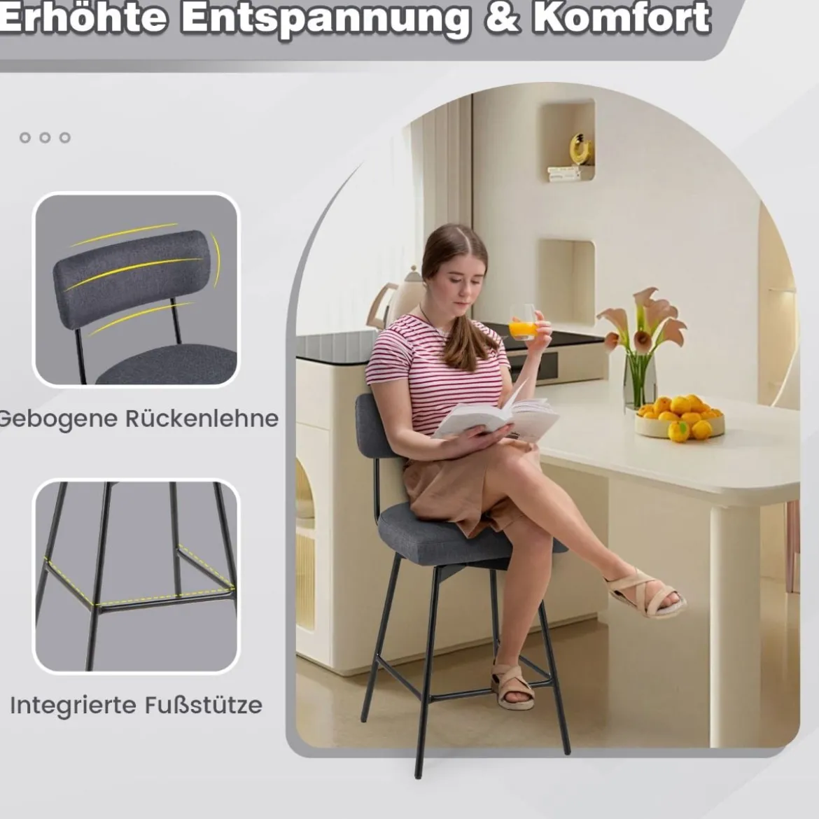 2er Set Barhocker drehbar Barstuhl gepolstert mit Rückenlehne & Fußstütze Grau/Beige