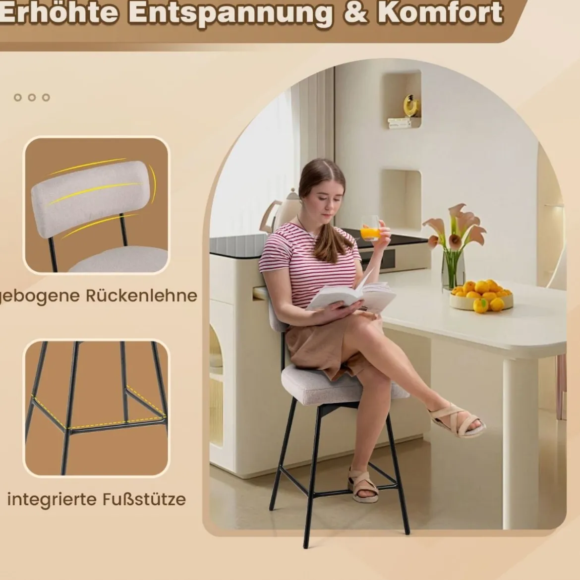 2er Set Barhocker drehbar Barstuhl gepolstert mit Rückenlehne & Fußstütze Grau/Beige