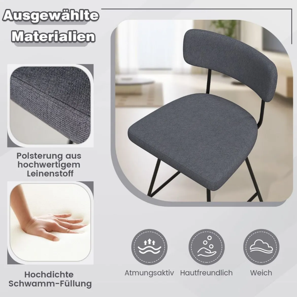 2er Set Barhocker drehbar Barstuhl gepolstert mit Rückenlehne & Fußstütze Grau/Beige