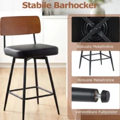 2er Set Barhocker drehbar Barstuhl industriell mit gepolsterter Rückenlehne Quadrat Schwarz