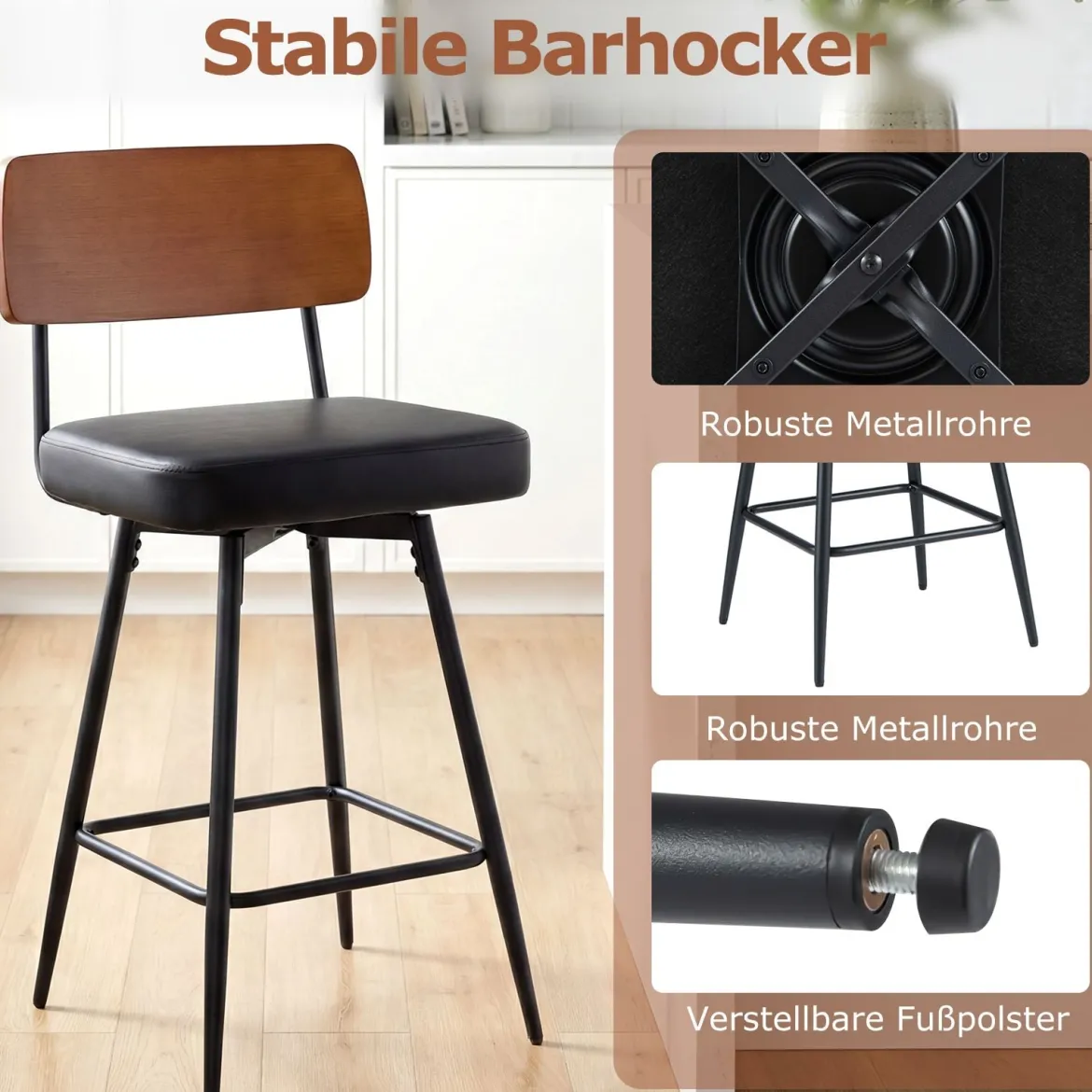 2er Set Barhocker drehbar Barstuhl industriell mit gepolsterter Rückenlehne Quadrat Schwarz