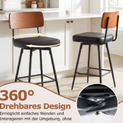 2er Set Barhocker drehbar Barstuhl industriell mit gepolsterter Rückenlehne Quadrat Schwarz