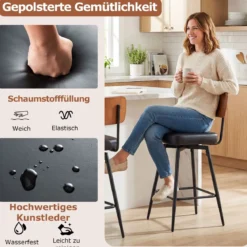 2er Set Barhocker drehbar Barstuhl industriell mit gepolsterter Rückenlehne Quadrat Schwarz