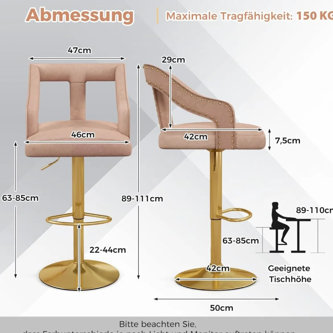 2er Set Barhocker drehbare Barstühle 63-85 höhenverstellbar Küchenhocker aus Samt Grau/Rosa