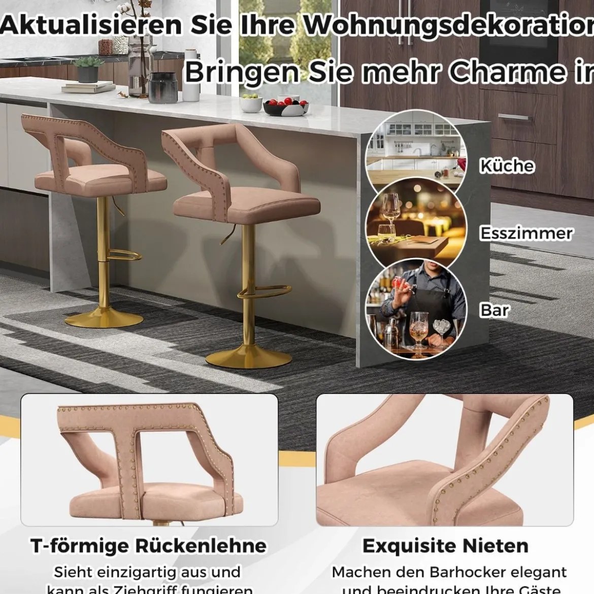 2er Set Barhocker drehbare Barstühle 63-85 höhenverstellbar Küchenhocker aus Samt Grau/Rosa