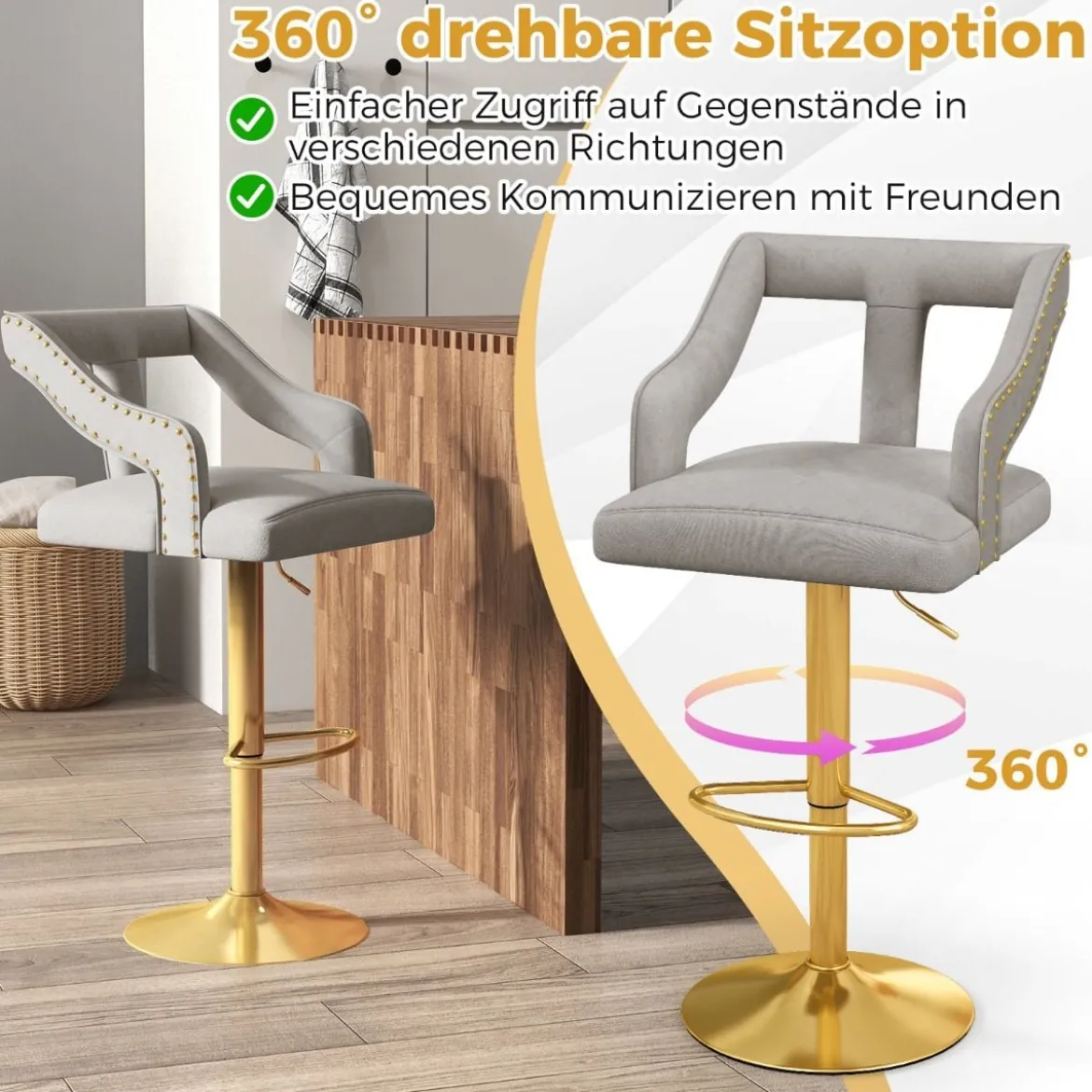 2er Set Barhocker drehbare Barstühle 63-85 höhenverstellbar Küchenhocker aus Samt Grau/Rosa