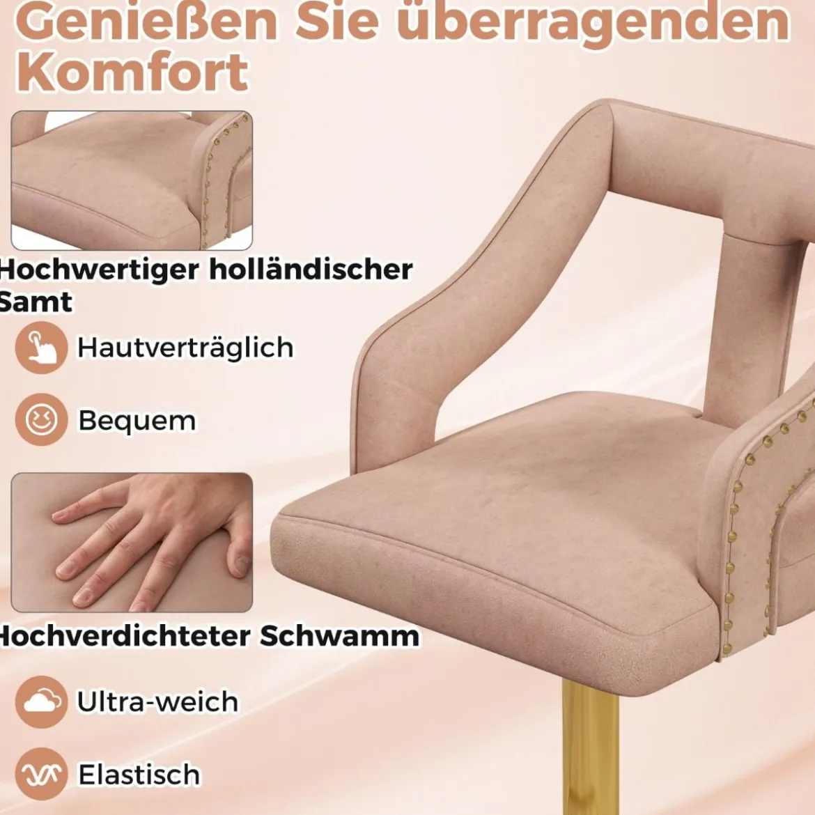 2er Set Barhocker drehbare Barstühle 63-85 höhenverstellbar Küchenhocker aus Samt Grau/Rosa