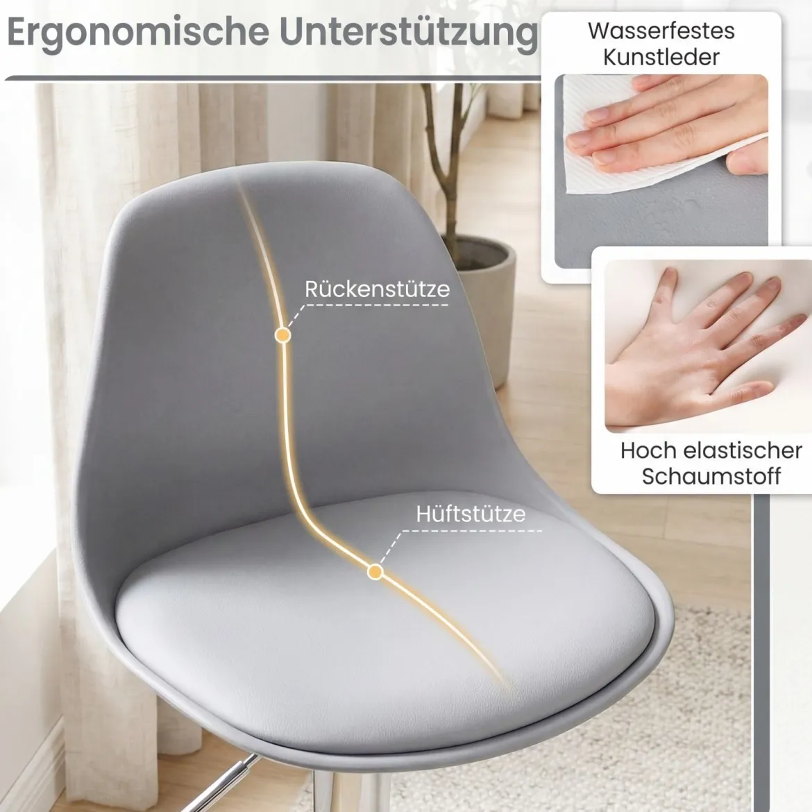 2er Set Barhocker 360 °Drehbarer Barstuhl Höhenverstellbarer Tresenhocker Küchenhocker Grau