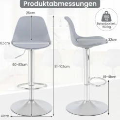 2er Set Barhocker 360 °Drehbarer Barstuhl Höhenverstellbarer Tresenhocker Küchenhocker Grau