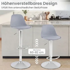 2er Set Barhocker 360 °Drehbarer Barstuhl Höhenverstellbarer Tresenhocker Küchenhocker Grau