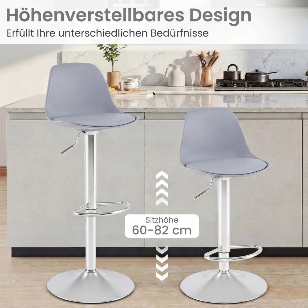 2er Set Barhocker 360 °Drehbarer Barstuhl Höhenverstellbarer Tresenhocker Küchenhocker Grau