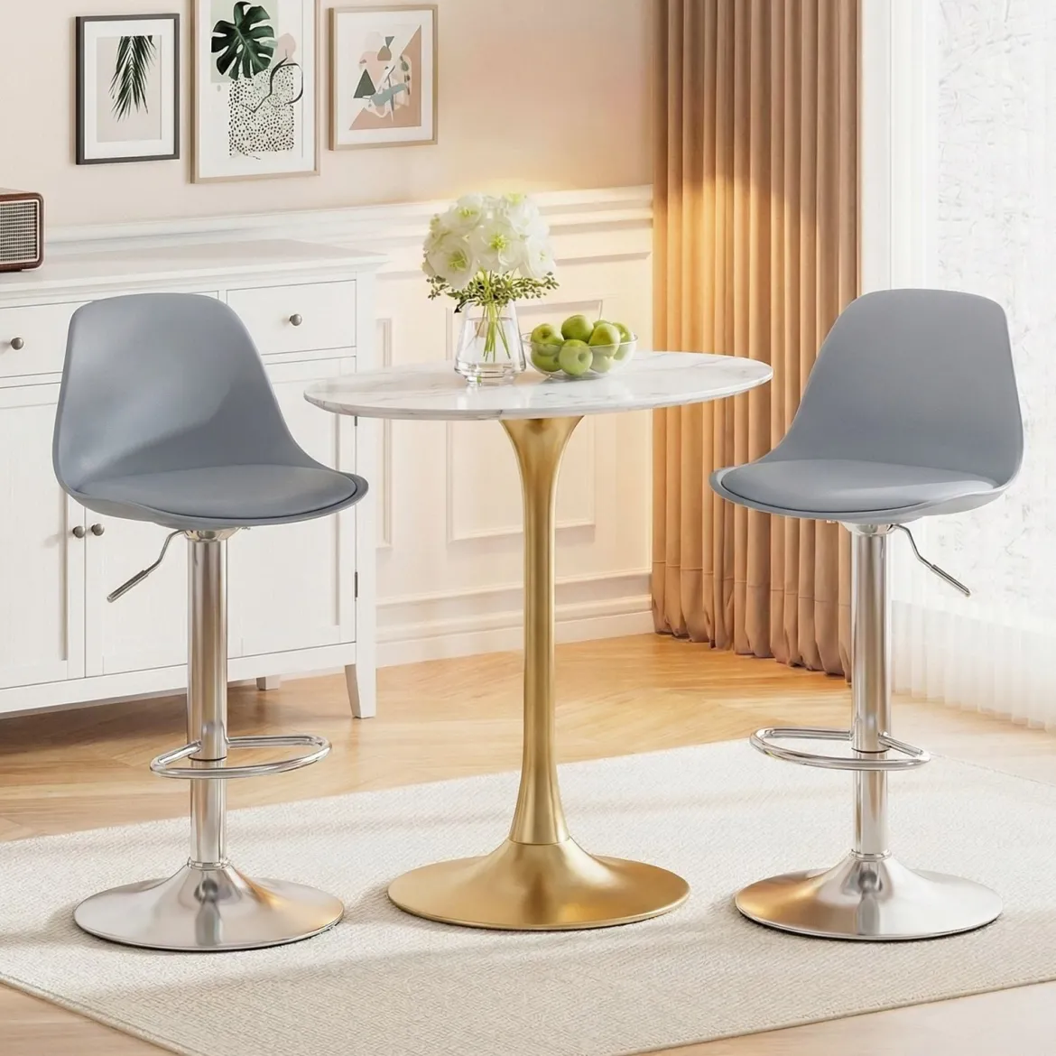 2er Set Barhocker 360 °Drehbarer Barstuhl Höhenverstellbarer Tresenhocker Küchenhocker Grau