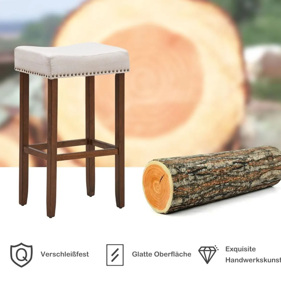2er Set Barhocker gepolstertes Kissen & Beine aus Kautschukholz 43 x 33 x 74 cm Beige