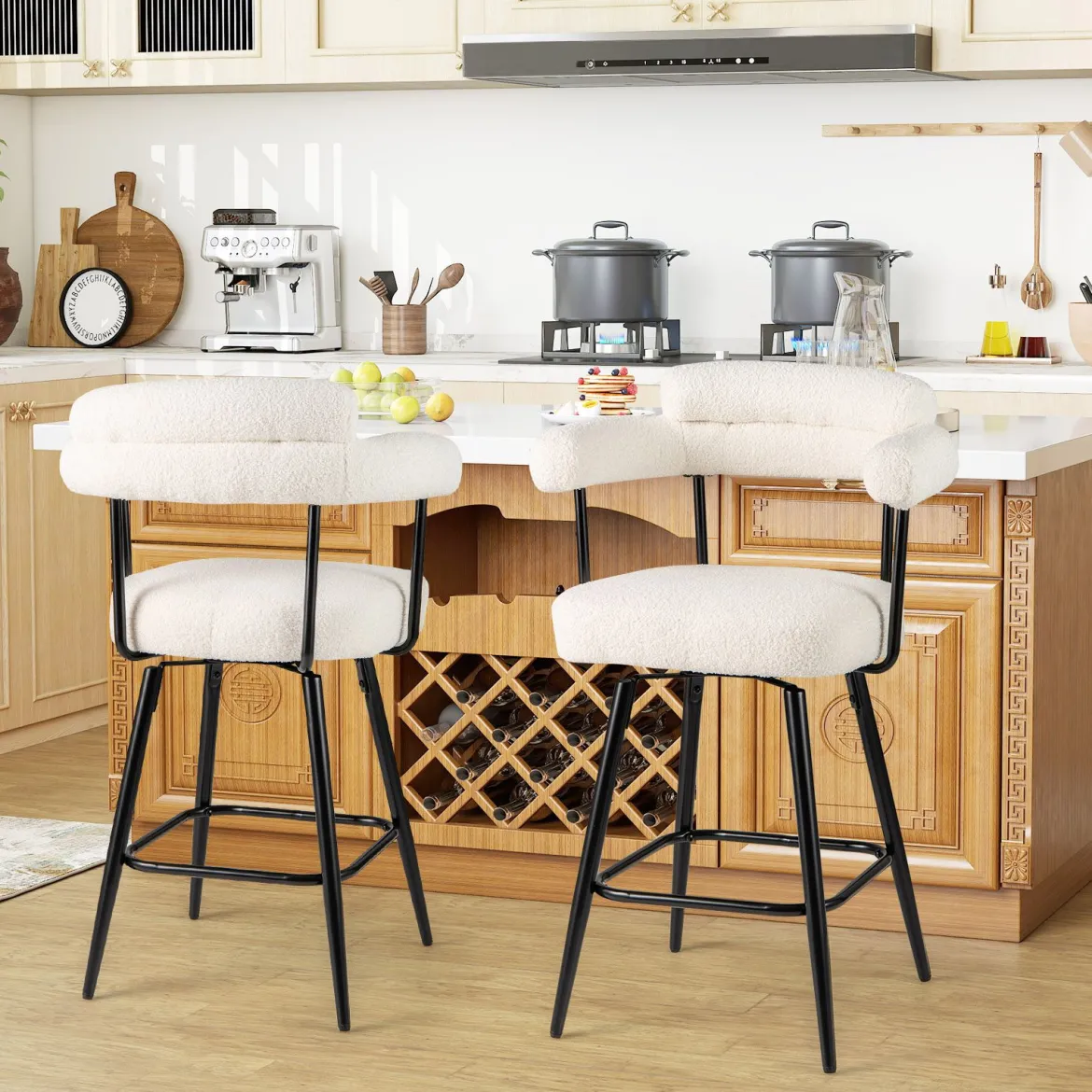 2er Set Barhocker Gepolsterter Thekenhocker 360° Drehbarer Sitzhocker Bistrohocker Weiß