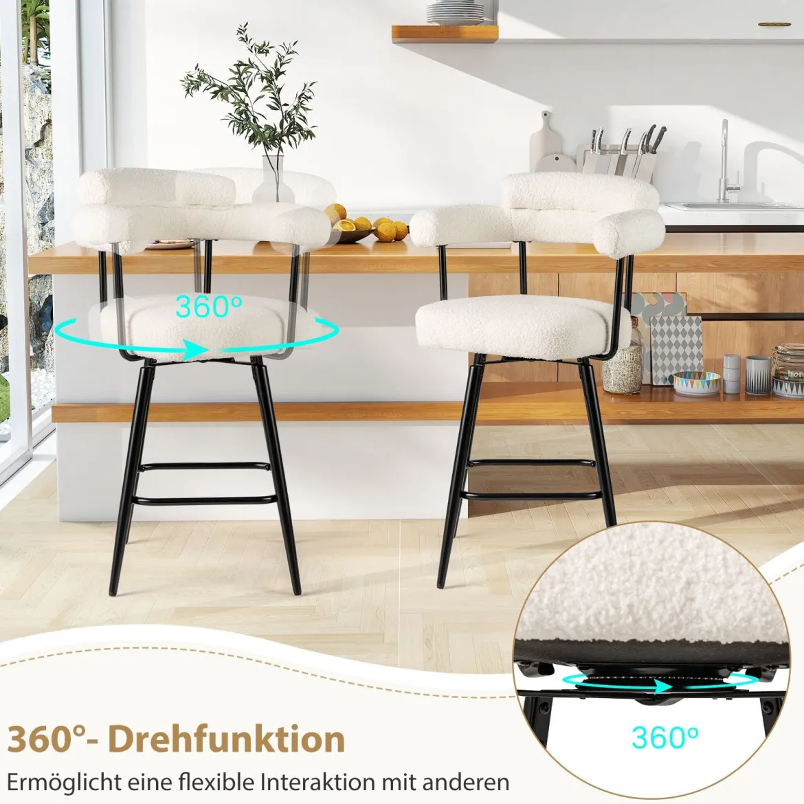 2er Set Barhocker Gepolsterter Thekenhocker 360° Drehbarer Sitzhocker Bistrohocker Weiß