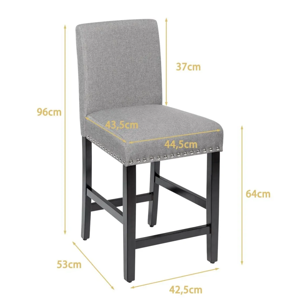 2er Set Barhocker mit Beinen aus Gummiholz & Atmungsaktivem Leinengewebe Barstühle Grau