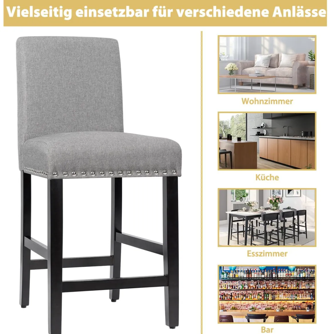 2er Set Barhocker mit Beinen aus Gummiholz & Atmungsaktivem Leinengewebe Barstühle Grau