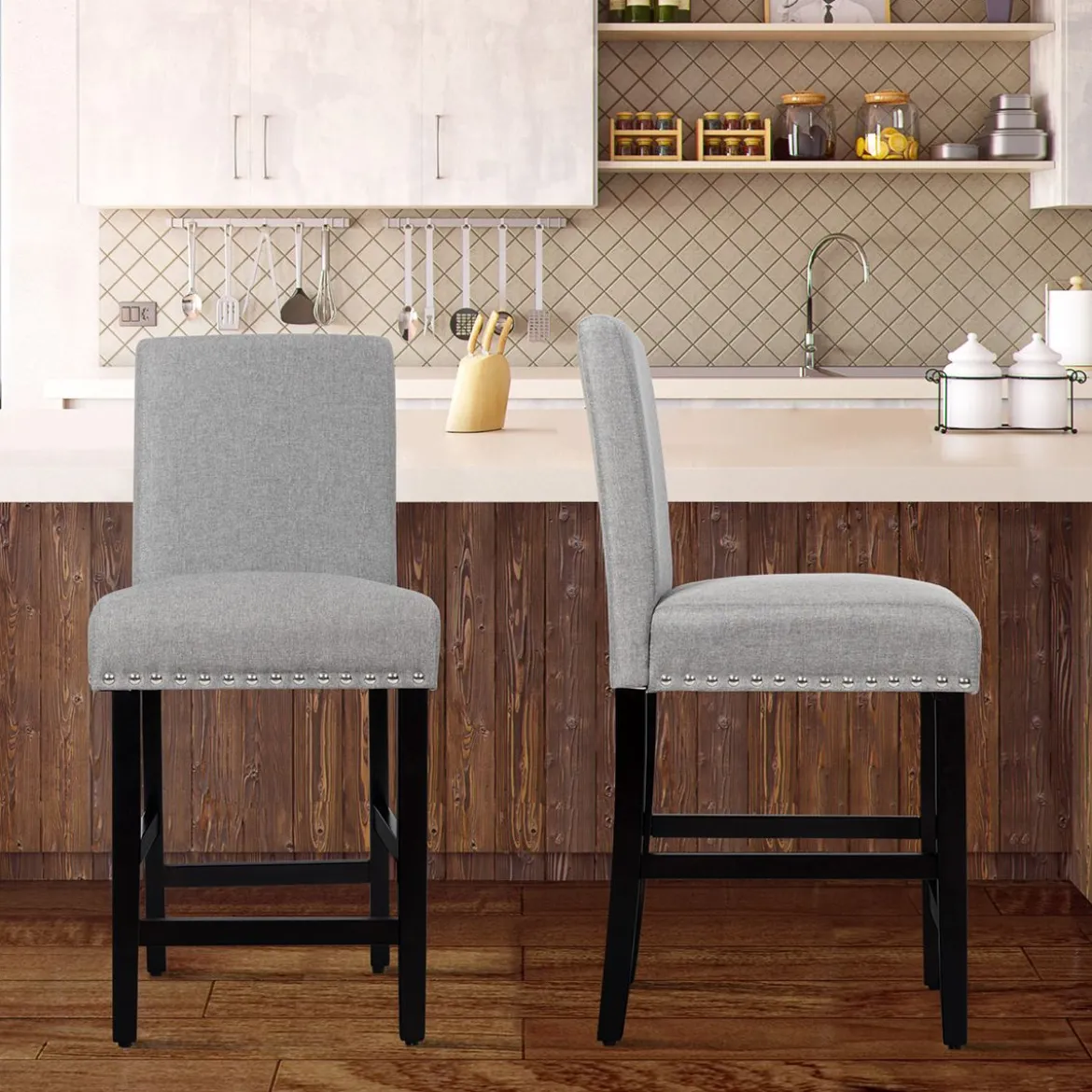 2er Set Barhocker mit Beinen aus Gummiholz & Atmungsaktivem Leinengewebe Barstühle Grau