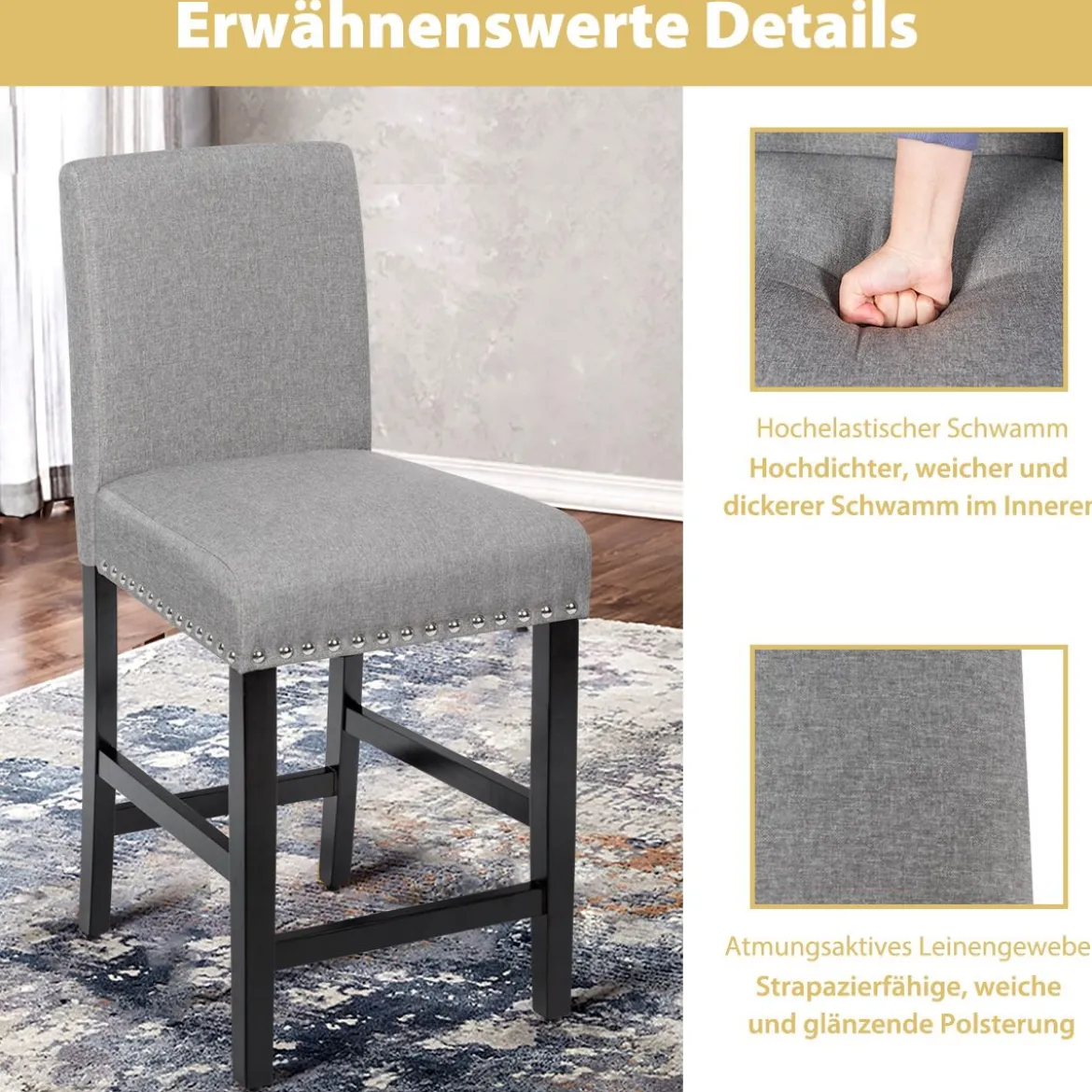 2er Set Barhocker mit Beinen aus Gummiholz & Atmungsaktivem Leinengewebe Barstühle Grau