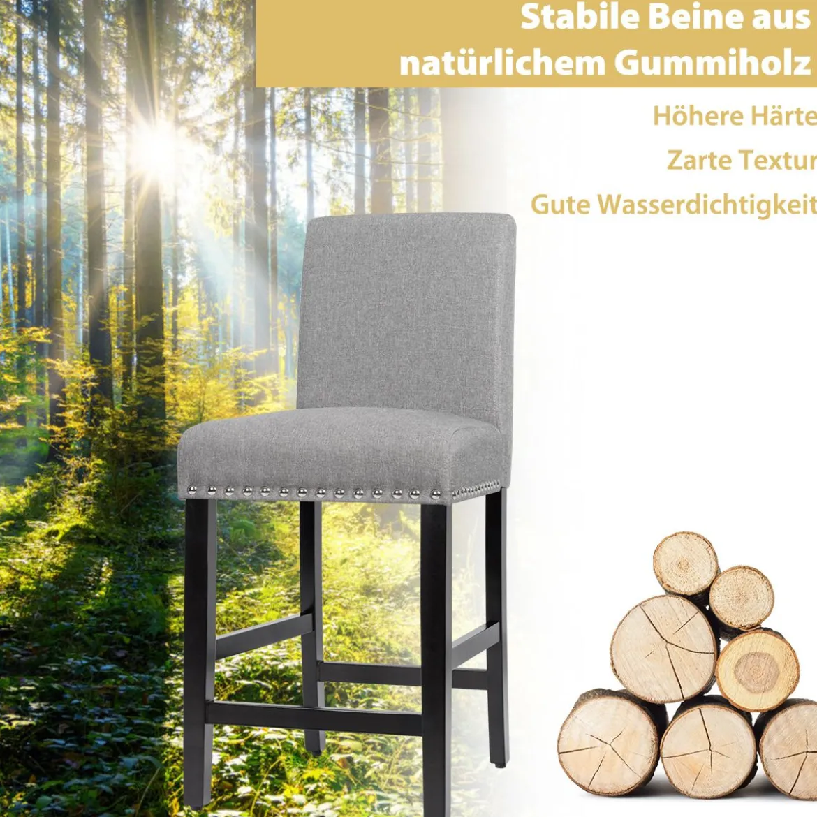 2er Set Barhocker mit Beinen aus Gummiholz & Atmungsaktivem Leinengewebe Barstühle Grau