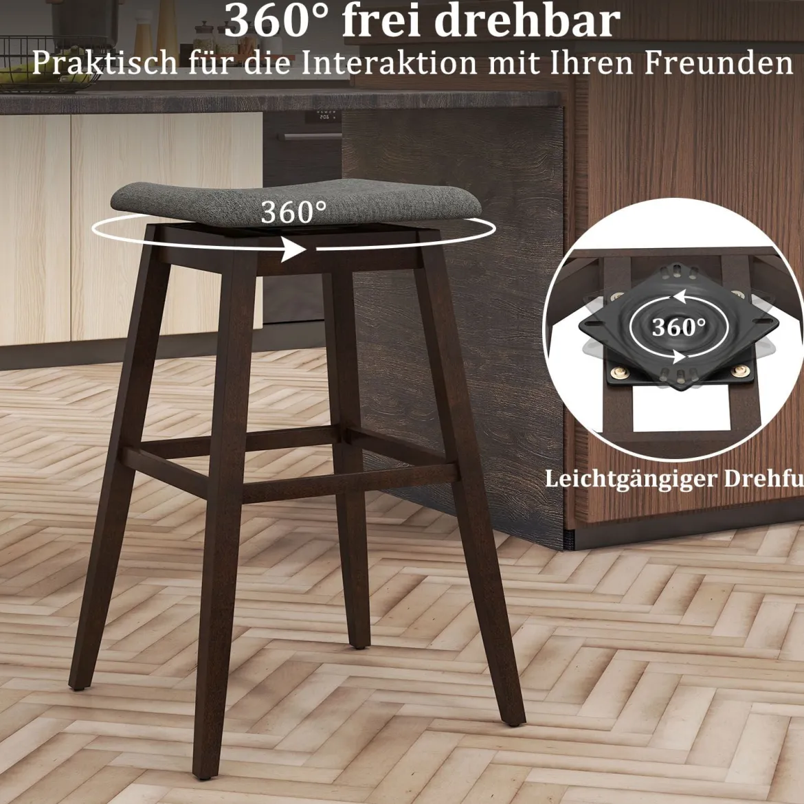 2er Set Barhocker mit Fußstütze 360° Drehbarer Thekenhocker Gepolsterter Bistrohocker