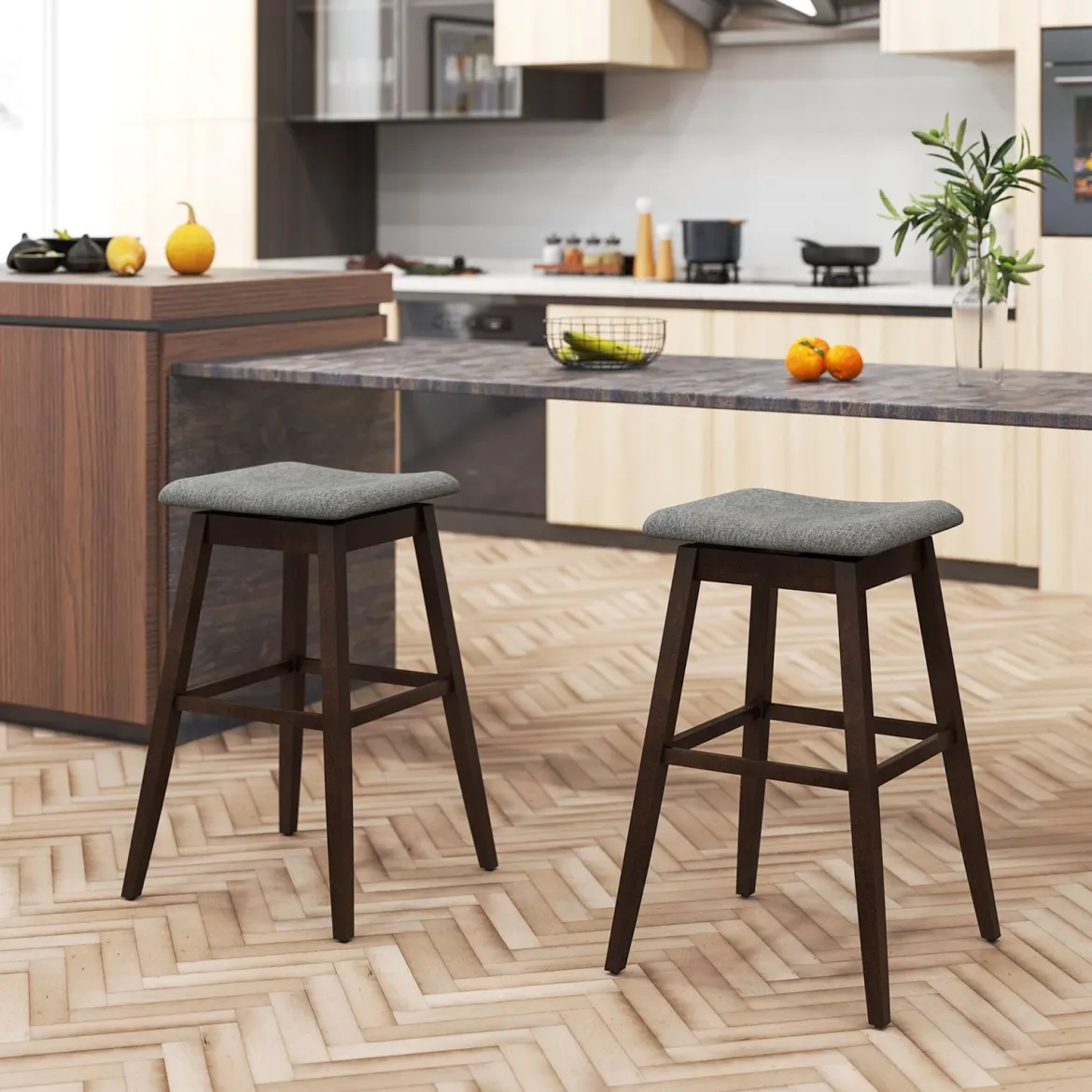 2er Set Barhocker mit Fußstütze 360° Drehbarer Thekenhocker Gepolsterter Bistrohocker
