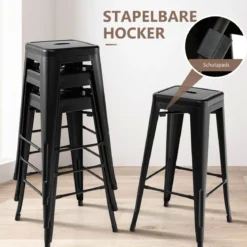 4er Set Barhocker mit Fußstütze Sitzhöhe 76cm bis 150kg Belastbar Stapelbare Tresenhocker Schwarz