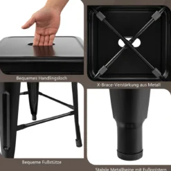 4er Set Barhocker mit Fußstütze Sitzhöhe 76cm bis 150kg Belastbar Stapelbare Tresenhocker Schwarz