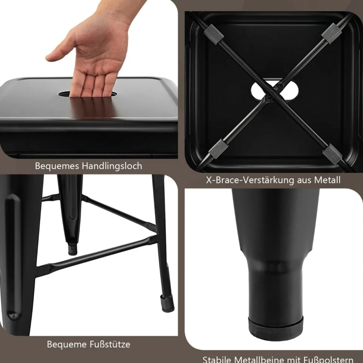 4er Set Barhocker mit Fußstütze Sitzhöhe 76cm bis 150kg Belastbar Stapelbare Tresenhocker Schwarz