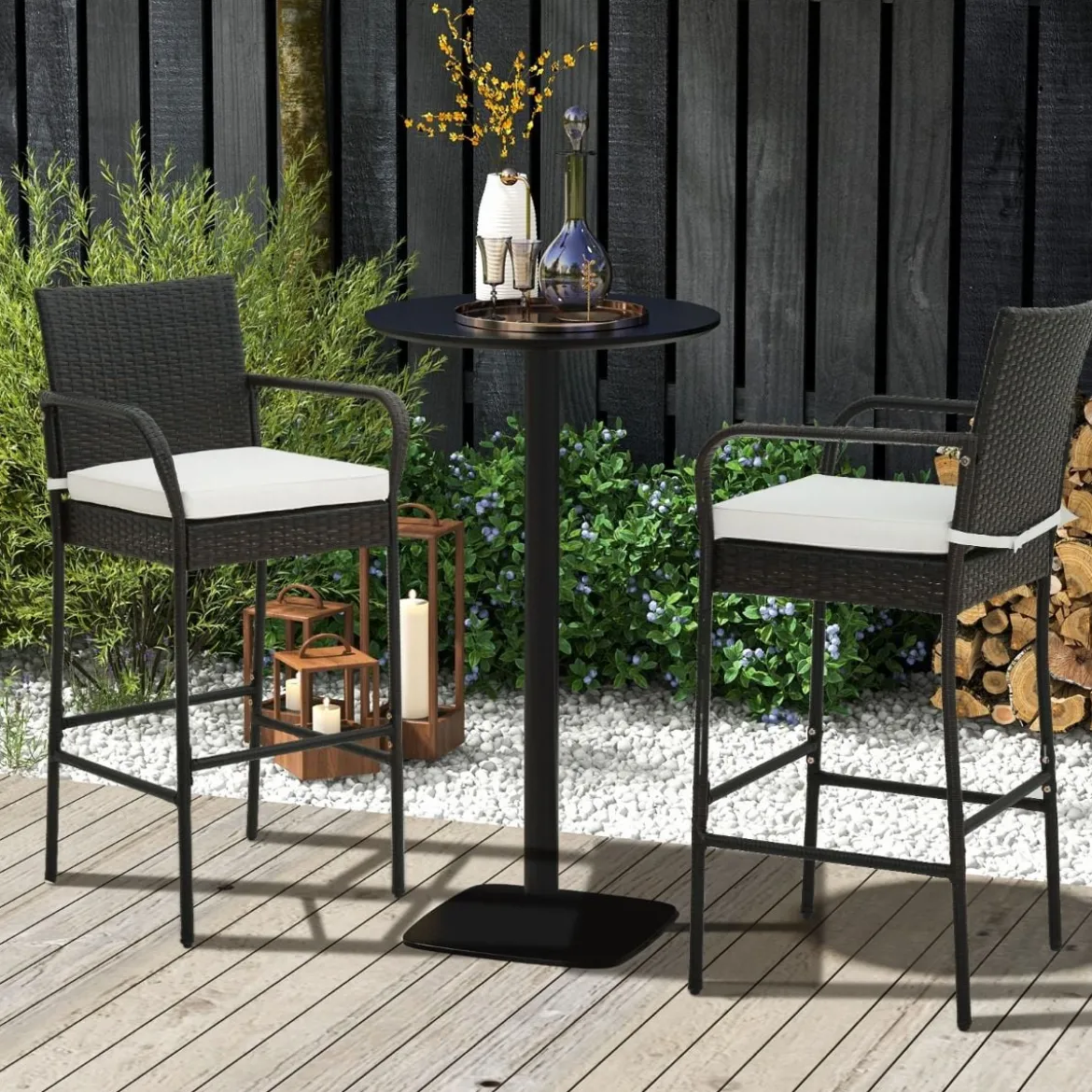 2er Set Barhocker mit Kissen & Fußstütze Rattan-Barstühle 180 kg Max. Belastbarkeit
