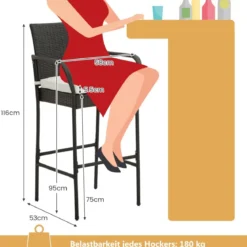 2er Set Barhocker mit Kissen & Fußstütze Rattan-Barstühle 180 kg Max. Belastbarkeit
