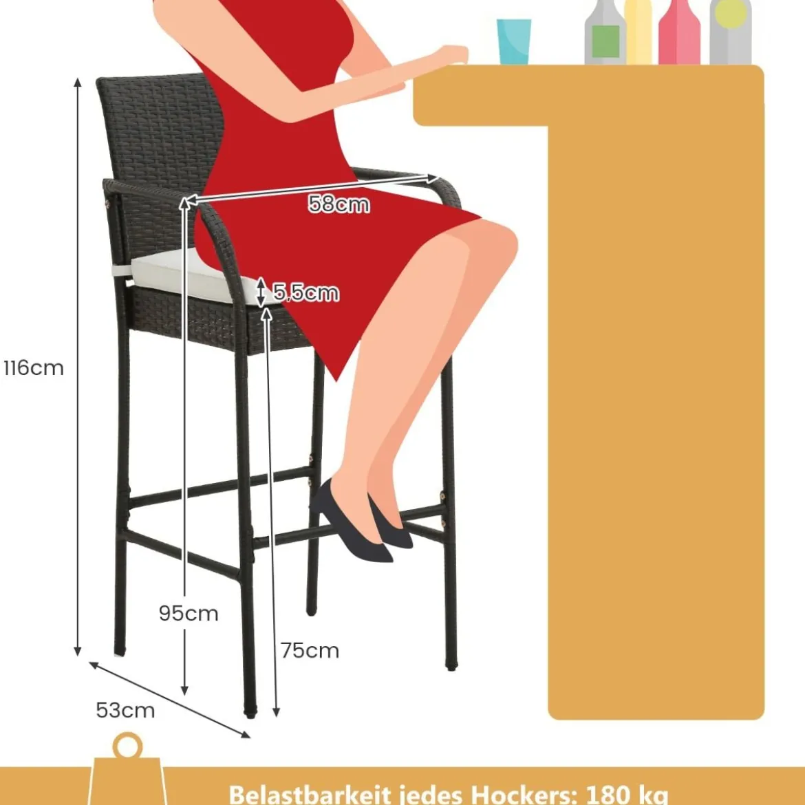 2er Set Barhocker mit Kissen & Fußstütze Rattan-Barstühle 180 kg Max. Belastbarkeit