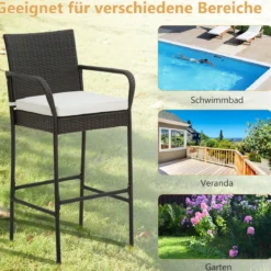 2er Set Barhocker mit Kissen & Fußstütze Rattan-Barstühle 180 kg Max. Belastbarkeit