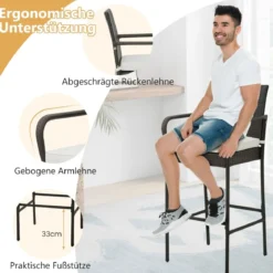 2er Set Barhocker mit Kissen & Fußstütze Rattan-Barstühle 180 kg Max. Belastbarkeit