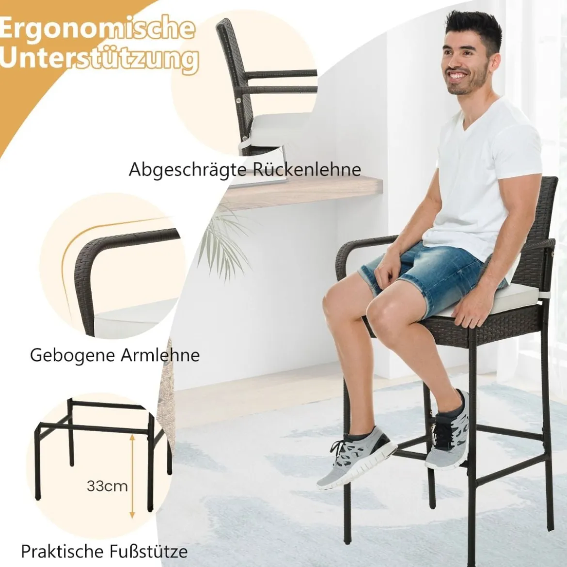 2er Set Barhocker mit Kissen & Fußstütze Rattan-Barstühle 180 kg Max. Belastbarkeit
