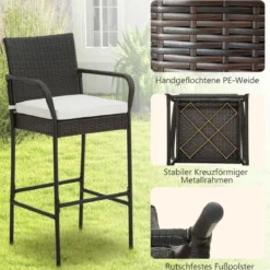 2er Set Barhocker mit Kissen & Fußstütze Rattan-Barstühle 180 kg Max. Belastbarkeit