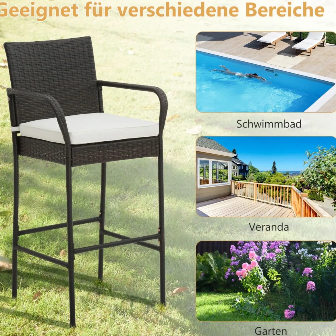 4er Set Barhocker mit Kissen & Fußstütze Rattan-Barstühle 180 kg Max. Belastbarkeit