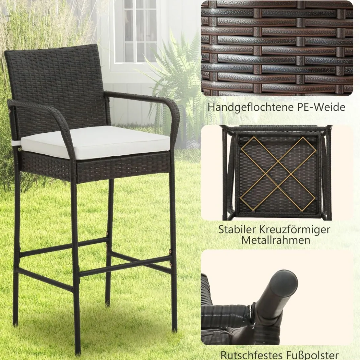 4er Set Barhocker mit Kissen & Fußstütze Rattan-Barstühle 180 kg Max. Belastbarkeit