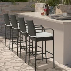 4er Set Barhocker mit Kissen & Fußstütze Rattan-Barstühle 180 kg Max. Belastbarkeit