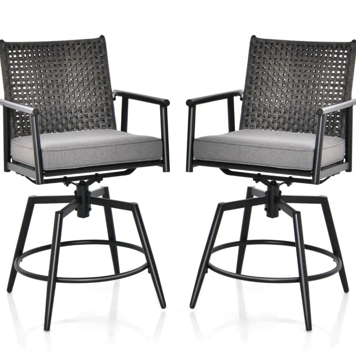 2er Set Barhocker mit 2-lagiger PE-Rattan-Rückenlehne & Abnehmbarem Gepolstertem Kissen Schwarz