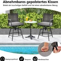 2er Set Barhocker mit 2-lagiger PE-Rattan-Rückenlehne & Abnehmbarem Gepolstertem Kissen Schwarz