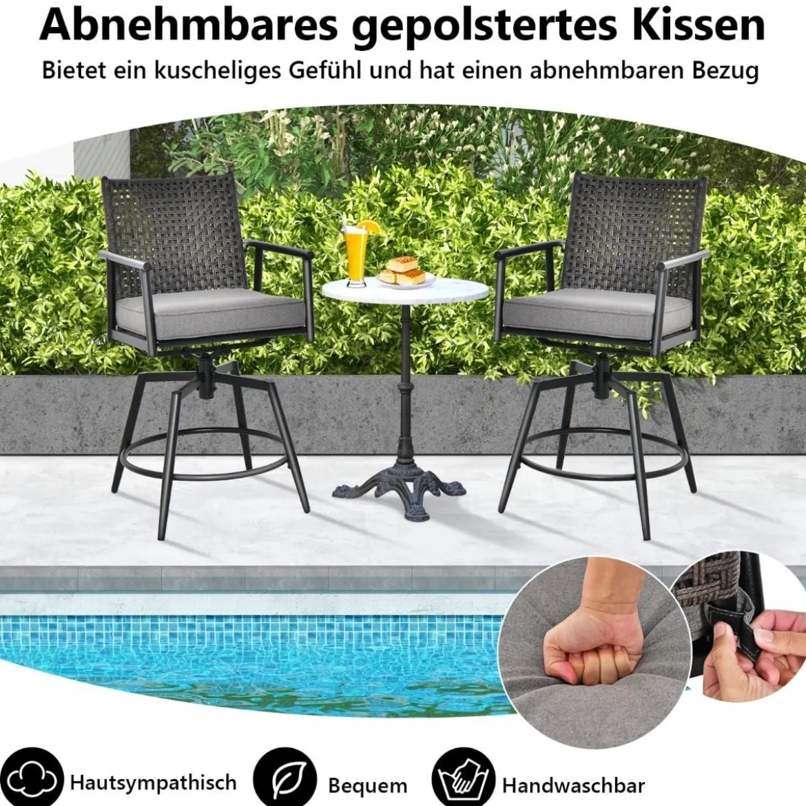 2er Set Barhocker mit 2-lagiger PE-Rattan-Rückenlehne & Abnehmbarem Gepolstertem Kissen Schwarz