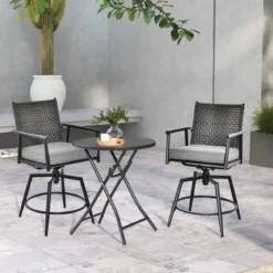 2er Set Barhocker mit 2-lagiger PE-Rattan-Rückenlehne & Abnehmbarem Gepolstertem Kissen Schwarz