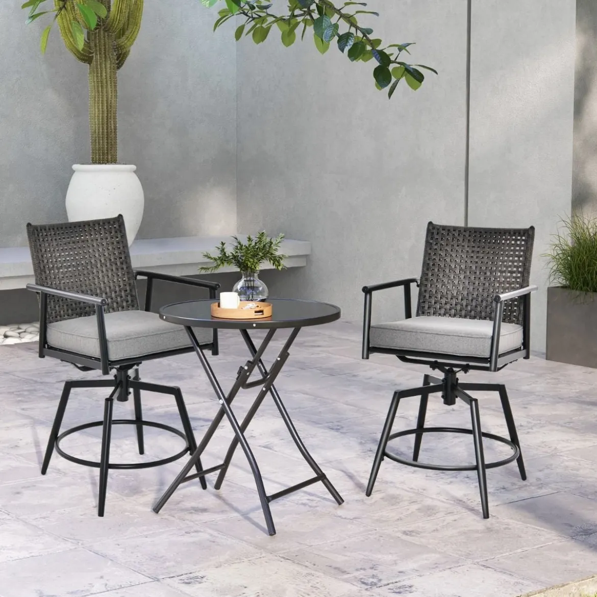 2er Set Barhocker mit 2-lagiger PE-Rattan-Rückenlehne & Abnehmbarem Gepolstertem Kissen Schwarz