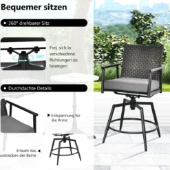 2er Set Barhocker mit 2-lagiger PE-Rattan-Rückenlehne & Abnehmbarem Gepolstertem Kissen Schwarz