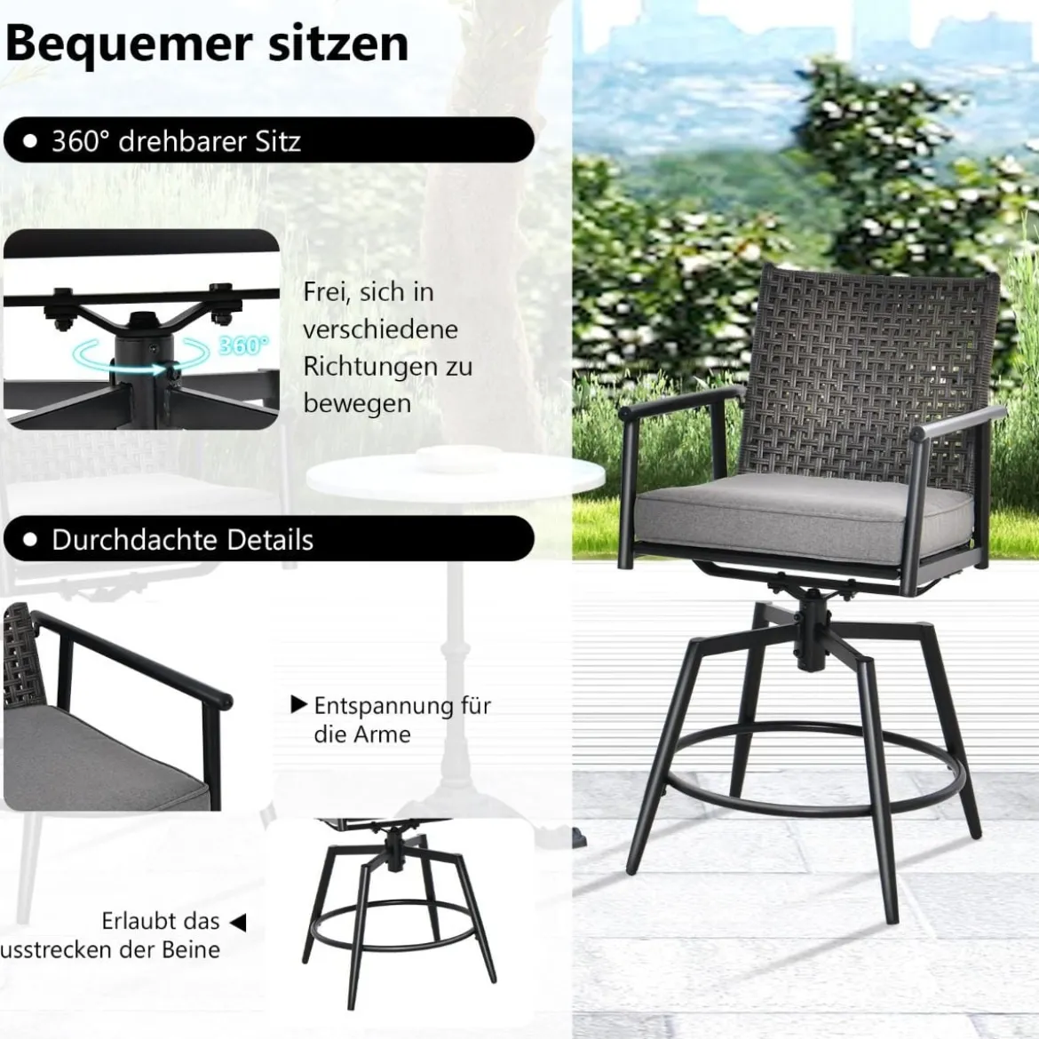2er Set Barhocker mit 2-lagiger PE-Rattan-Rückenlehne & Abnehmbarem Gepolstertem Kissen Schwarz