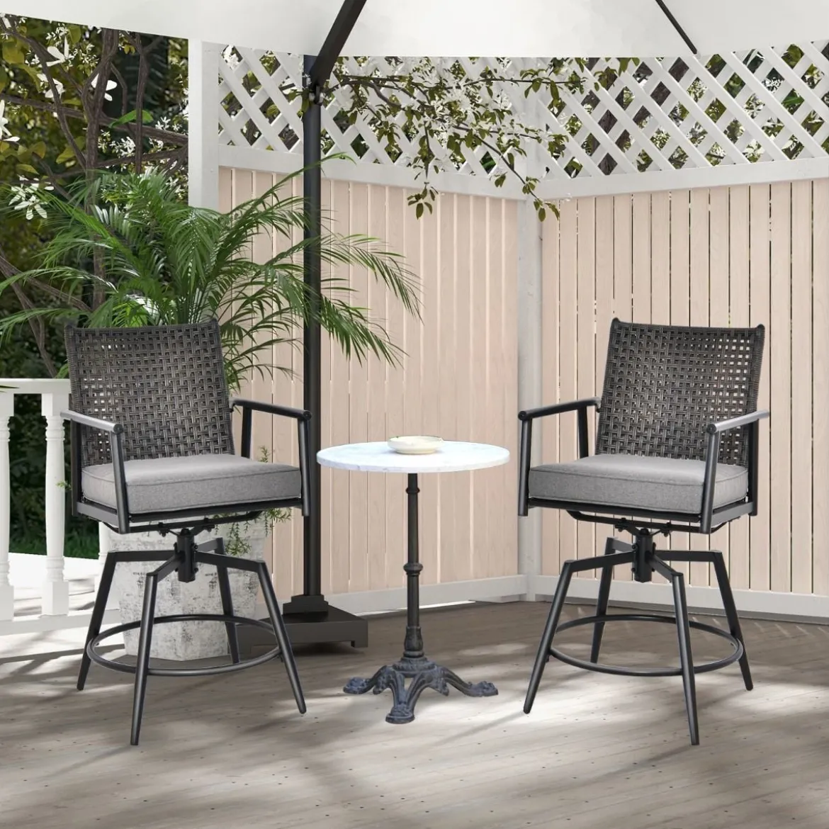2er Set Barhocker mit 2-lagiger PE-Rattan-Rückenlehne & Abnehmbarem Gepolstertem Kissen Schwarz